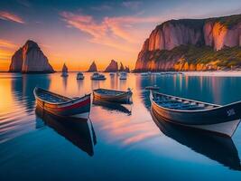 pêche bateaux sur le plage à le coucher du soleil. coloré été paysage marin. ai génératif photo