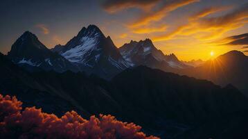 magnifique le coucher du soleil dans le montagnes. panorama de le Caucase montagnes. ai génératif photo