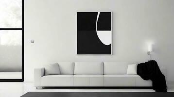 minimaliste vivant pièce intérieur avec blanc des murs, béton sol, noir canapé et rond café tableau. 3d le rendu moquer en haut ai génératif photo