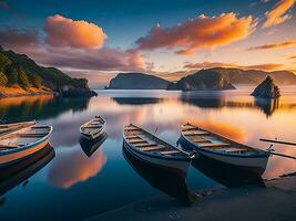 pêche bateaux sur le plage à le coucher du soleil. coloré été paysage marin. ai génératif photo