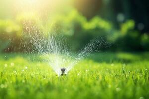 automatique pelouse arroseur arrosage vert herbe. arroseur avec automatique système. jardin irrigation système arrosage pelouse. l'eau économie ou l'eau préservation de arroseur système. génératif ai. photo