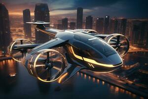 air Taxi et ville vue à nuit. air véhicule. personnel air transport. autonome aérien Taxi. en volant auto. Urbain aviation. futuriste technologie. électrique vtol passager avion. génératif ai. photo