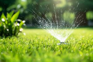 automatique pelouse arroseur arrosage vert herbe. arroseur avec automatique système. jardin irrigation système arrosage pelouse. l'eau économie ou l'eau préservation de arroseur système. génératif ai. photo