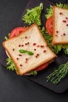 délicieux sandwich avec griller, jambon, tomates, fromage et salade photo