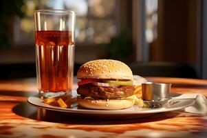 une Burger sur assiette avec Cola boisson photo