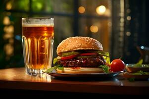 une Burger sur assiette avec Cola boisson photo