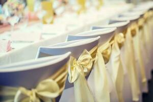 mariage. mariage chaises dans rangée décoré avec d'or Jaune Couleur ruban photo