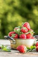 Frais mûr des fraises dans ancien cuisine pot sur vieux jardin table photo