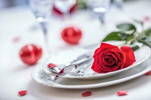 table réglage pour valentines ou mariage journée avec rouge des roses. romantique table réglage pour deux avec des roses assiettes tasses et coutellerie photo