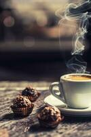 tasse de café avec Chocolat Gâteaux sur bar bureau dans nuit club photo