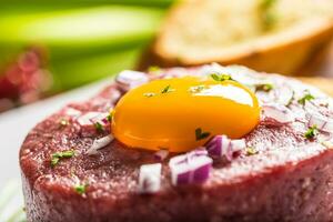 du boeuf tartare avec Oeuf Jaune d'œuf rouge oignon le Chili poivrons herbes et Bruschetta photo