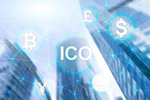 ico - offre initiale de pièces, concept de blockchain et de crypto-monnaie sur fond flou de création d'entreprise. photo