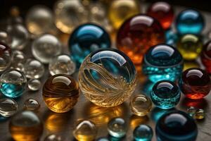 coloré verre marbres sur une le tableau. sélectif se concentrer. ai génératif photo