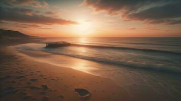 plage paysage avec le coucher du soleil voir, génératif ai photo