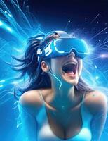 femme ayant amusement dans virtuel réalité, vr des lunettes photo