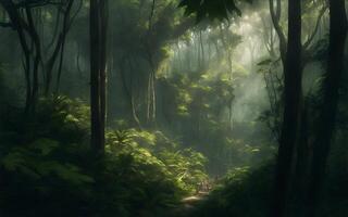 une dense jungle de des arbres, ai généré photo