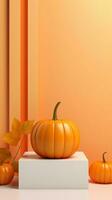 Orange podium pour Halloween vente promotion ou produit. portrait Halloween minimal scène 3d podium plateforme. photo