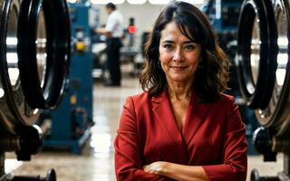 photo de travail entrepreneur femme à usine avec machine et ouvrier, génératif ai