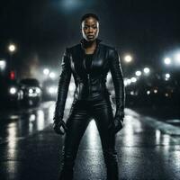 photo de fort africain femme avec noir cuir costume dans lourd pluie nuit, génératif ai