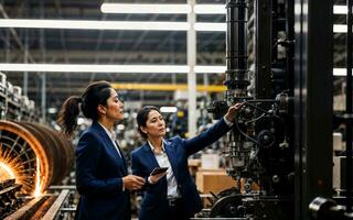 photo de travail entrepreneur femme à usine avec machine et ouvrier, génératif ai