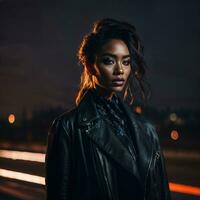 photo de femme à rue nuit avec lumière, génératif ai