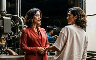 photo de travail entrepreneur femme à usine avec machine et ouvrier, génératif ai