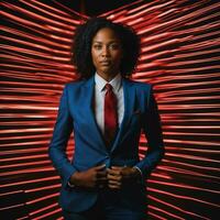 photo de intelligent africain femme avec affaires costume à néon mixte rouge et bleu lumière sci Fi arrière-plan, génératif ai