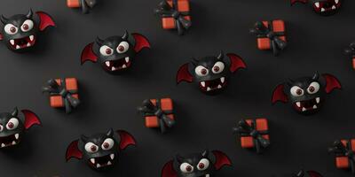 Halloween Contexte de chauve souris et cadeau boîte sur noir Contexte. Haut voir. 3d rendre illustration. photo