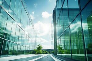 respectueux de la nature bâtiment dans le moderne ville. durable verre Bureau bâtiment avec arbre pour réduire carbone dioxyde. Bureau bâtiment avec vert environnement. entreprise bâtiment réduire co2. génératif ai. photo