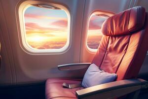 le coucher du soleil ciel vue de avion fenêtre dans économie siège. économie classe avion la fenêtre. à l'intérieur de commercial Compagnie aérienne. siège avec fauteuil. cuir siège de économie classe avion. scénique voyage. génératif ai. photo