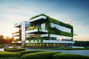 respectueux de la nature bâtiment dans le moderne ville. durable verre Bureau bâtiment avec arbre pour réduire carbone dioxyde. Bureau bâtiment avec vert environnement. entreprise bâtiment réduire co2. génératif ai. photo