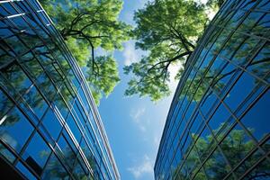 respectueux de la nature bâtiment dans le moderne ville. durable verre Bureau bâtiment avec arbre pour réduire carbone dioxyde. Bureau bâtiment avec vert environnement. entreprise bâtiment réduire co2. génératif ai. photo