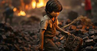 une mineur enfant est travail sur dur état monde journée contre enfant la main d'oeuvre ai génératif photo