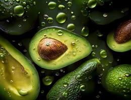 Avocat avec l'eau gouttelettes sur noir Contexte ai généré photo