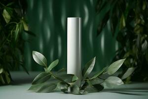 une maquette de une tube de blanc crème avec une couvercle sur une Contexte de eucalyptus feuilles.. ai génératif photo
