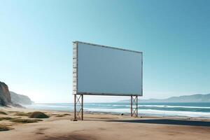 moquer en haut blanc Extérieur La publicité affiche sur le plage. ai génératif photo