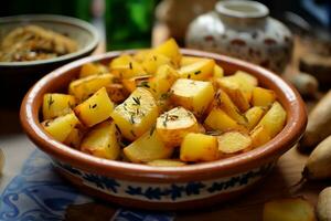 pièces de frit patates dans une plaque. ai génératif photo