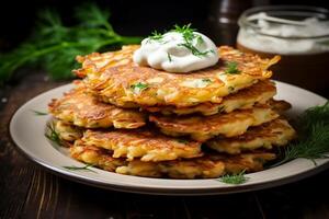 Patate Crêpes draniki avec herbes et acide crème. ai génératif photo