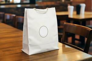 une blanc papier sac est sur le table dans une café. ai généré photo