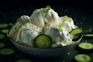 la glace crème avec mariné concombres dans une verre plaque. ai généré photo