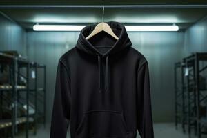 noir sweat-shirt avec capuche et poche pendaison sur une cintre dans le magasin. généré par artificiel intelligence photo