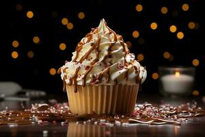 vanille petit gâteau avec crème et Chocolat puces. ai généré photo