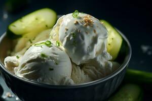 la glace crème avec mariné concombres dans une verre plaque.. ai généré photo