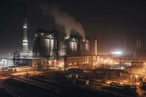 charbon Puissance plante complexe à industriel district avec Trois cheminées à nuit génératif ai photo