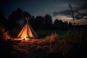 feu de camp et tente comme été vacances dans sauvage la nature génératif ai photo