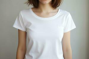 une fille dans une blanc T-shirt, une endroit pour texte. ai généré photo