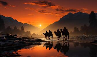 chameliers, chameau Conducteurs à coucher de soleil, génératif ai photo