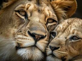 mère et sa lionceau relaxant sur une plaine. photo