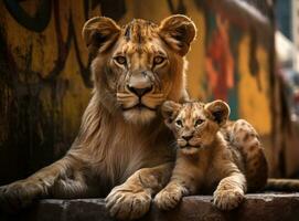 mère et sa lionceau relaxant sur une plaine. photo