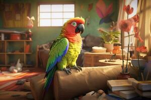mignonne ara perroquet oiseau dans vivant chambre. ara perroquet oiseau avec marrant Regardez photo